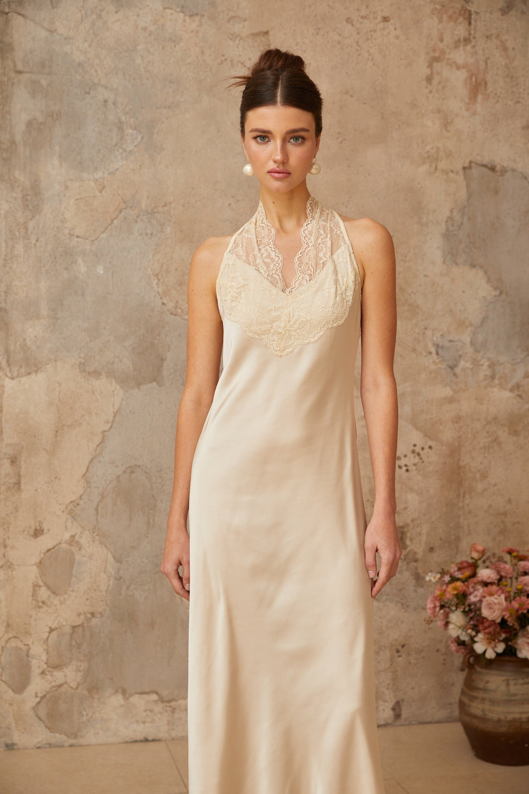 Vera white lace-trim satin maxi dress - Celestia Couture