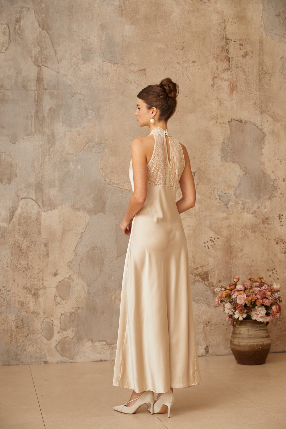 Vera white lace-trim satin maxi dress - Celestia Couture