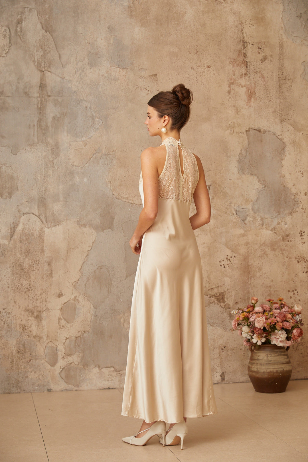 Vera white lace-trim satin maxi dress - Celestia Couture