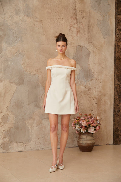Lecollet white braid-detail puff mini dress