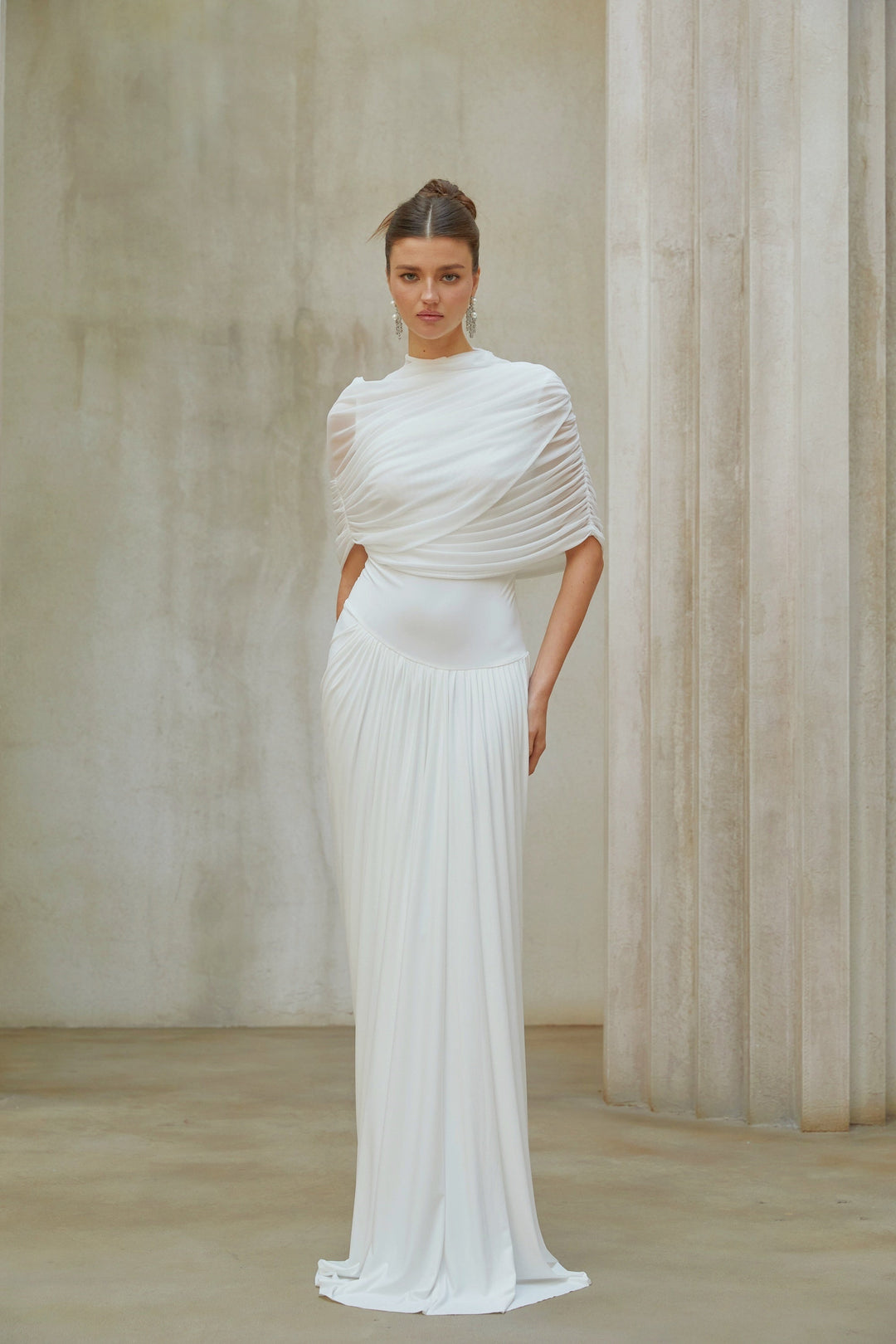 Catherine White Asymmetrical Pleated Maxi Dress - Celestia Couture