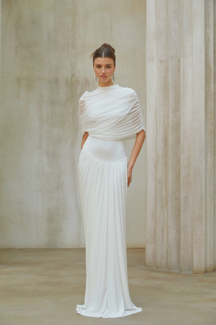 Catherine White Asymmetrical Pleated Maxi Dress - Celestia Couture