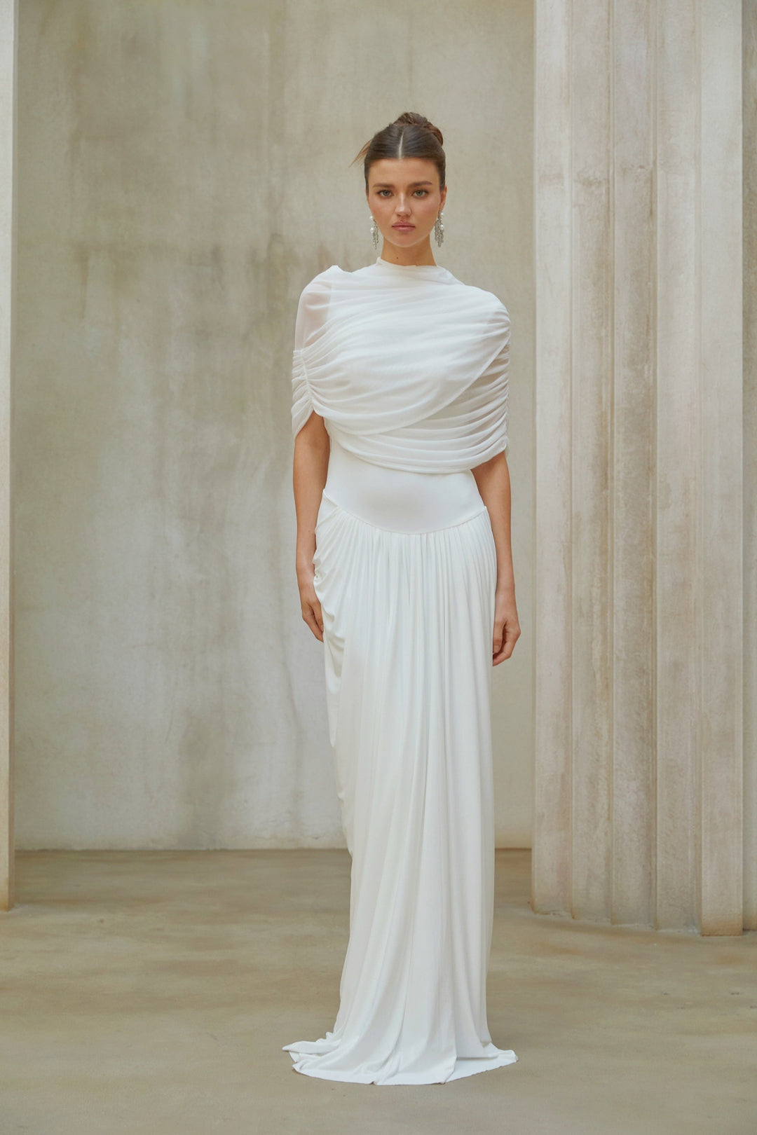 Catherine White Asymmetrical Pleated Maxi Dress - Celestia Couture