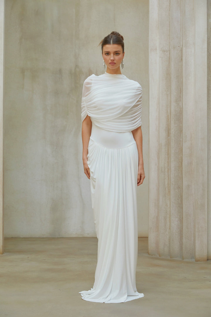 Catherine White Asymmetrical Pleated Maxi Dress - Celestia Couture
