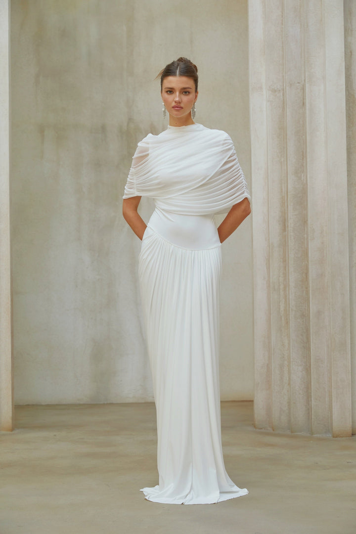 Catherine White Asymmetrical Pleated Maxi Dress - Celestia Couture