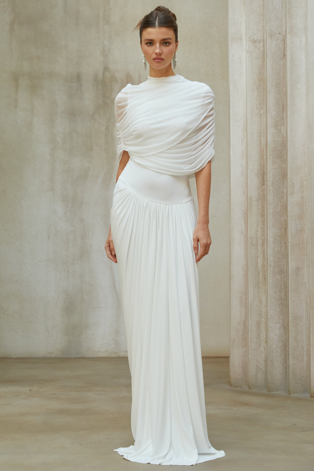 Catherine White Asymmetrical Pleated Maxi Dress - Celestia Couture