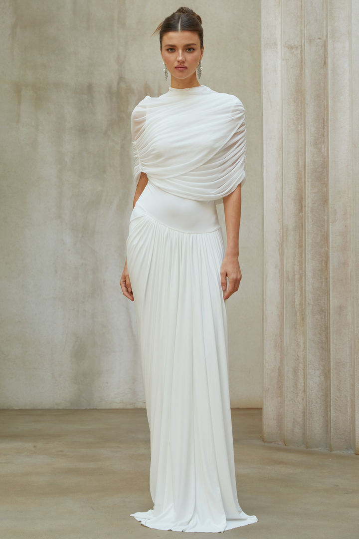 Catherine White Asymmetrical Pleated Maxi Dress - Celestia Couture