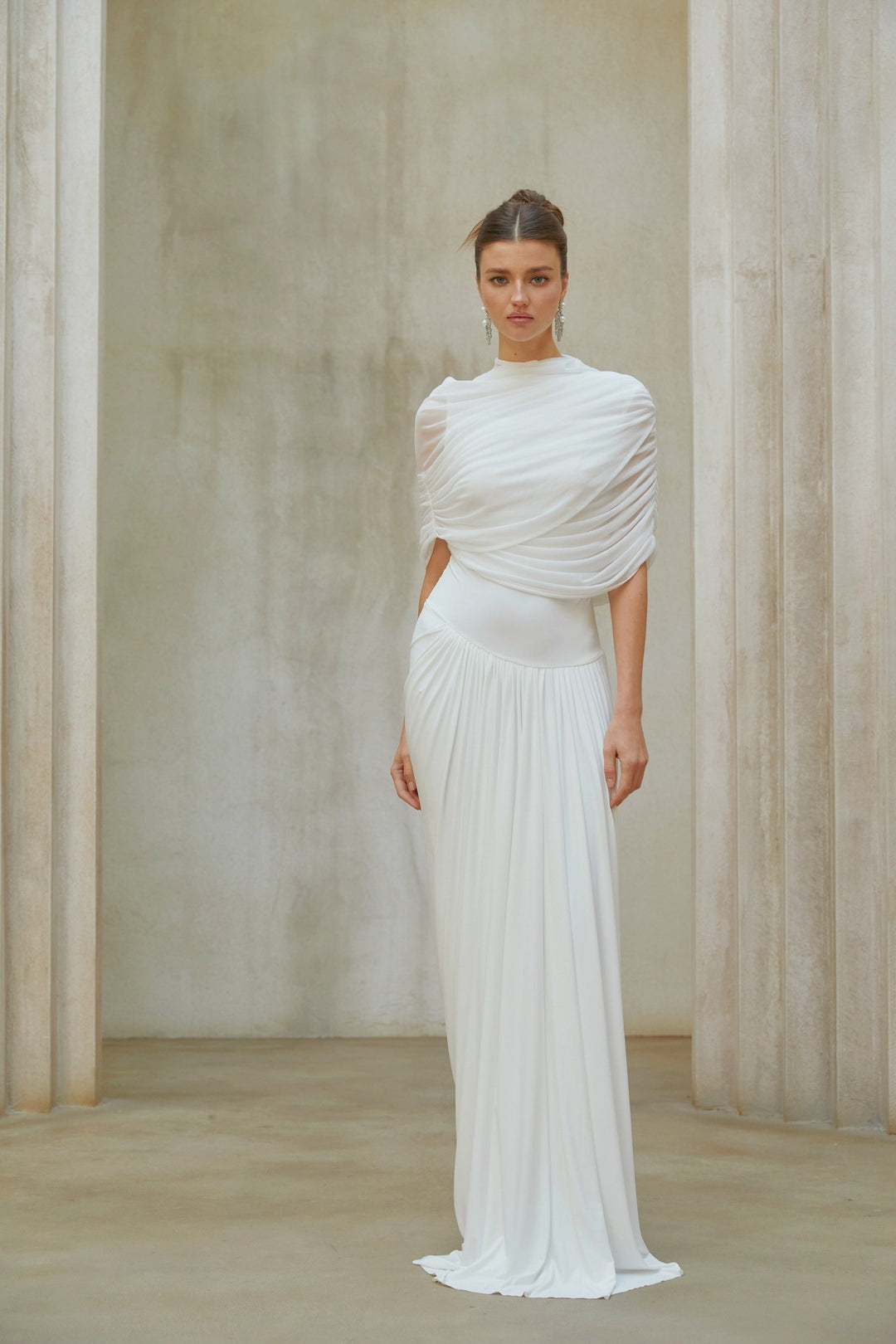 Catherine White Asymmetrical Pleated Maxi Dress - Celestia Couture