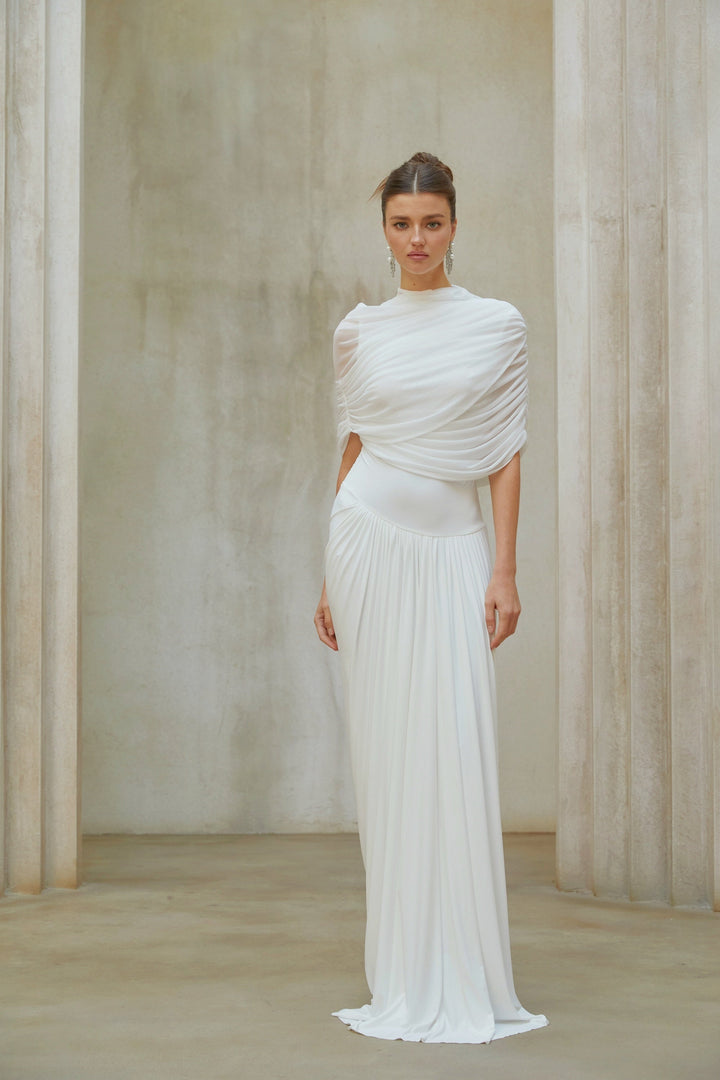 Catherine White Asymmetrical Pleated Maxi Dress - Celestia Couture