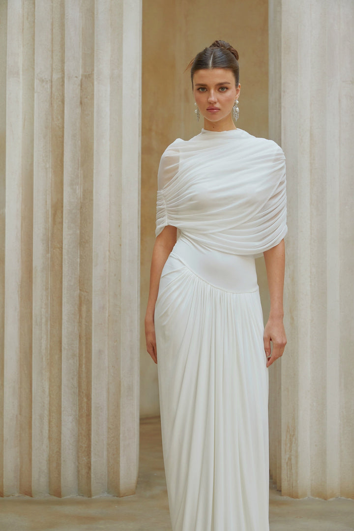 Catherine White Asymmetrical Pleated Maxi Dress - Celestia Couture