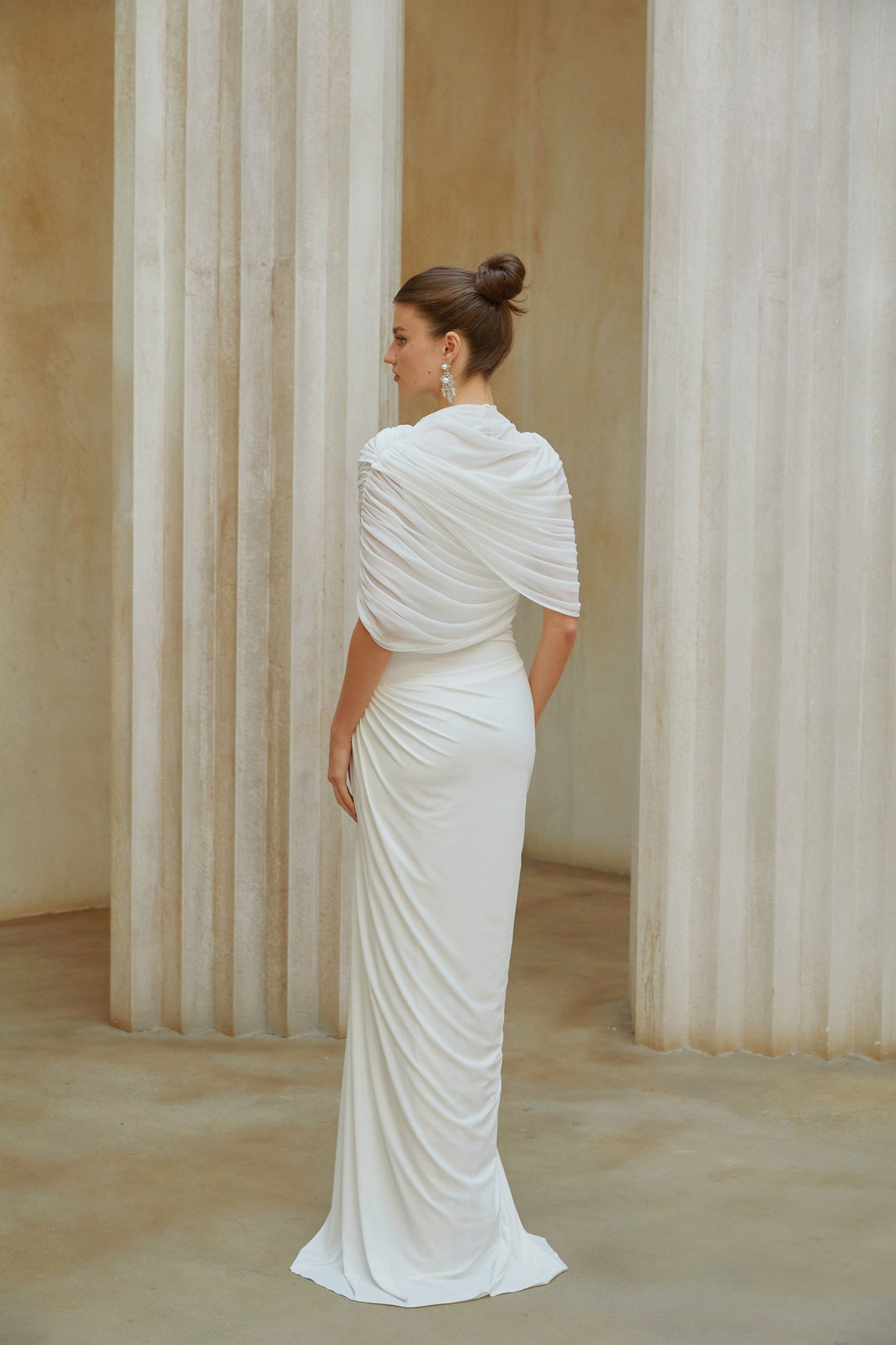 Catherine White Asymmetrical Pleated Maxi Dress - Celestia Couture