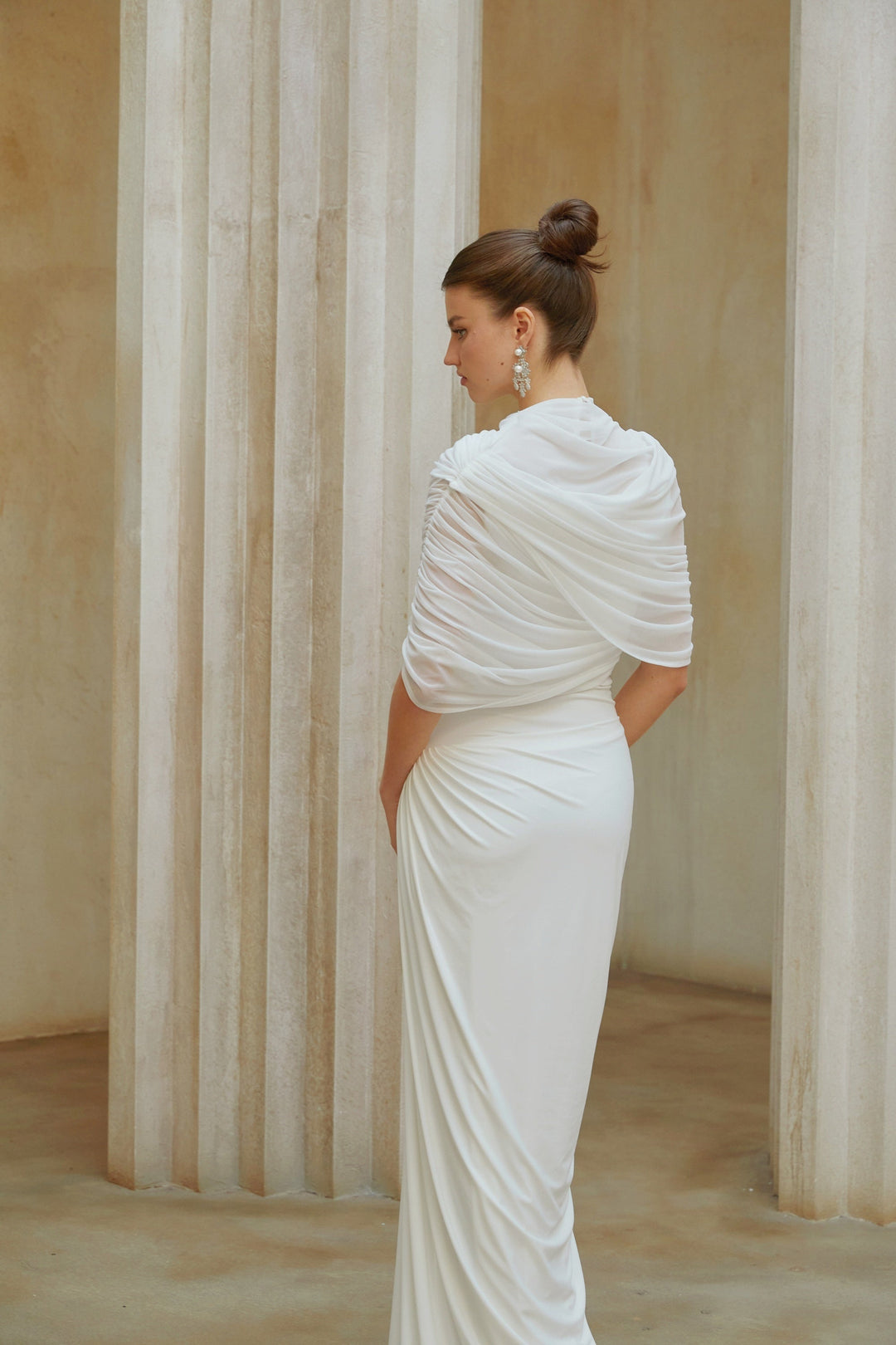 Catherine White Asymmetrical Pleated Maxi Dress - Celestia Couture