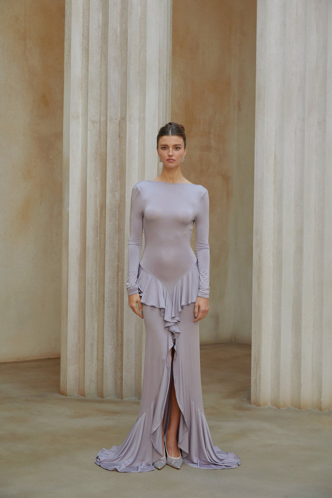 Xenia Purple Ruffle Detail Maxi Dress with Front Slit - Celestia Couture