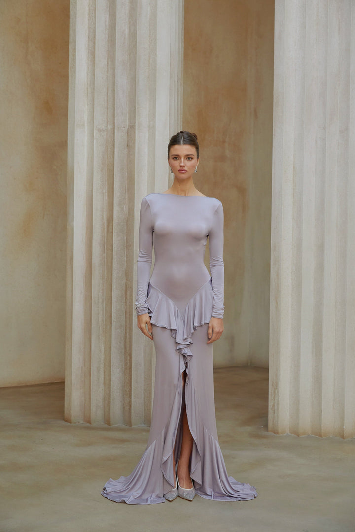 Xenia Purple Ruffle Detail Maxi Dress with Front Slit - Celestia Couture