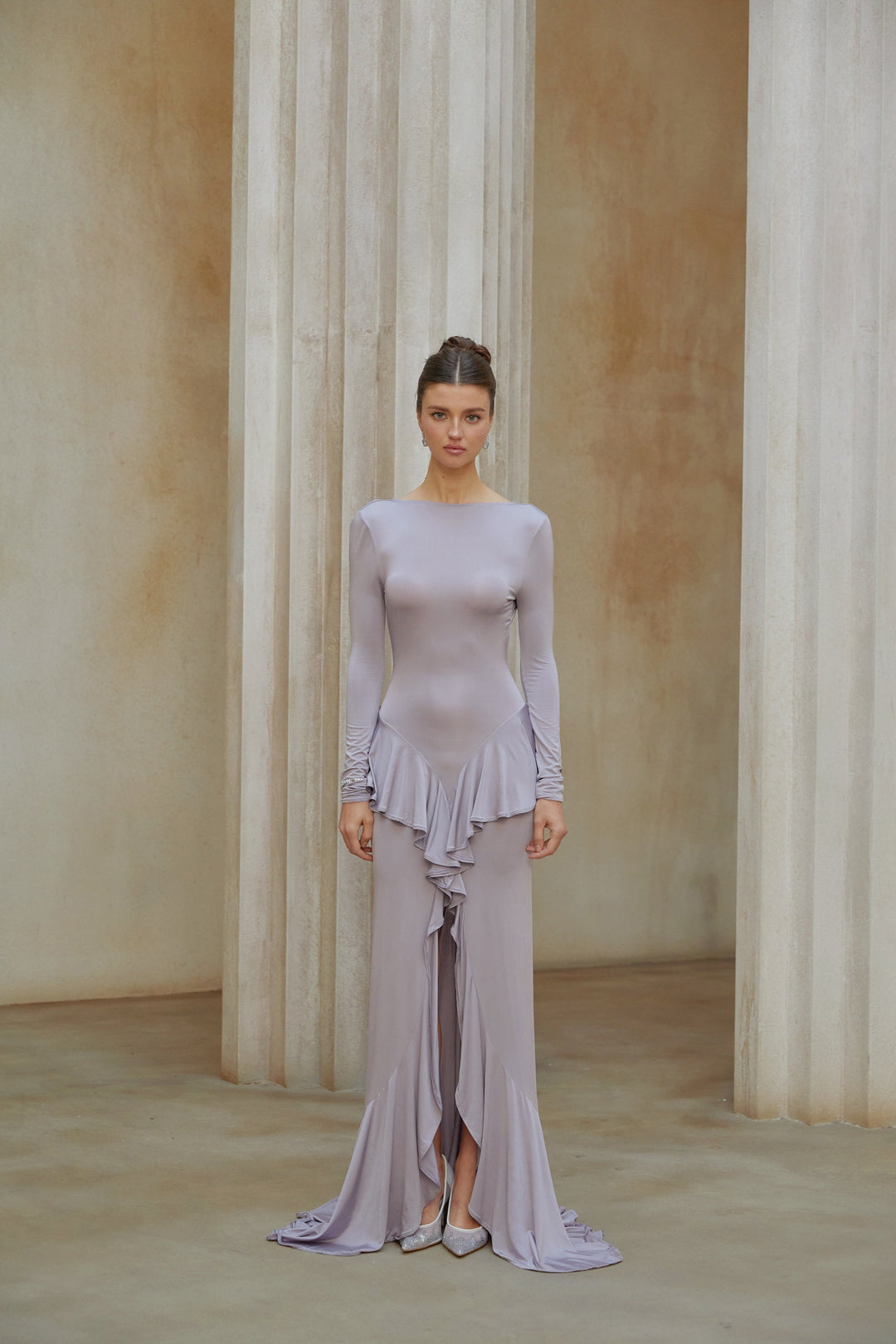 Xenia Purple Ruffle Detail Maxi Dress with Front Slit - Celestia Couture