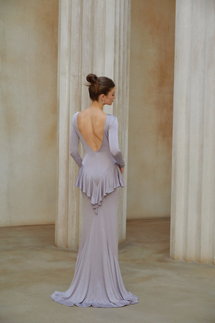 Xenia Purple Ruffle Detail Maxi Dress with Front Slit - Celestia Couture