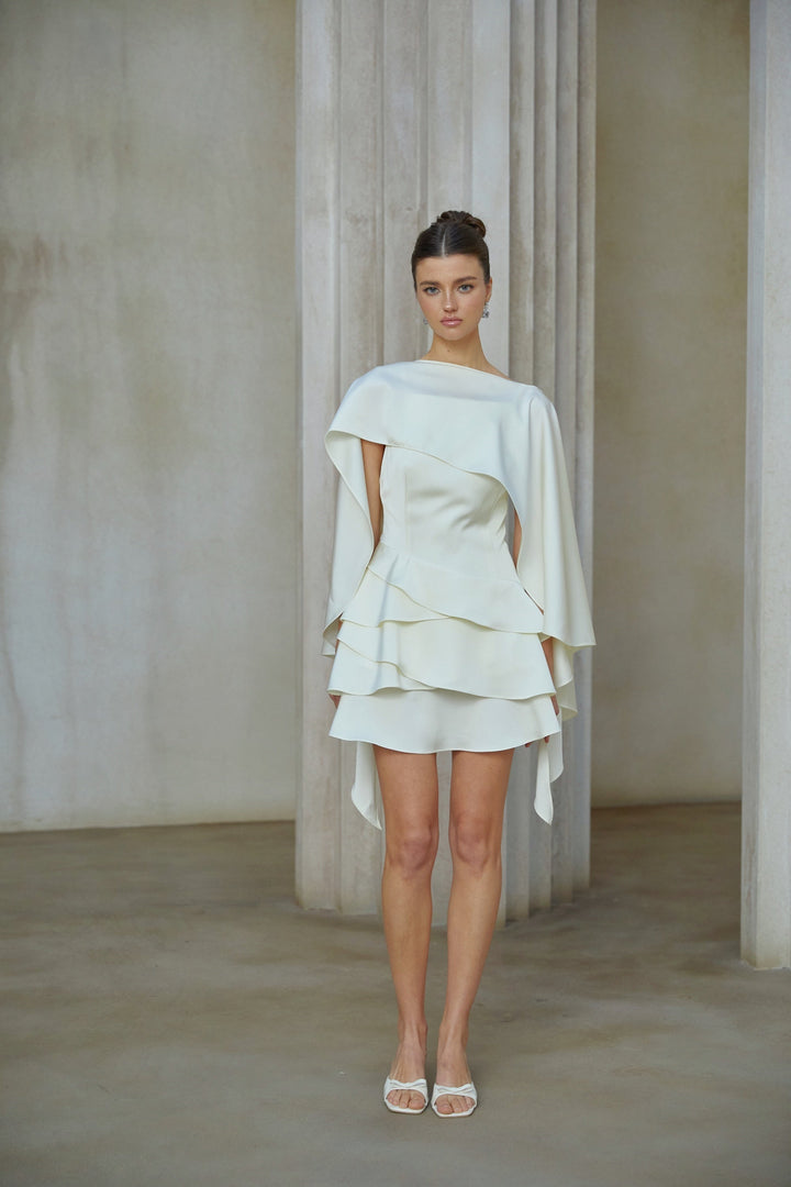 Lyna White Satin Ruffled Mini Dress with Shawl Panel Detail - Celestia Couture