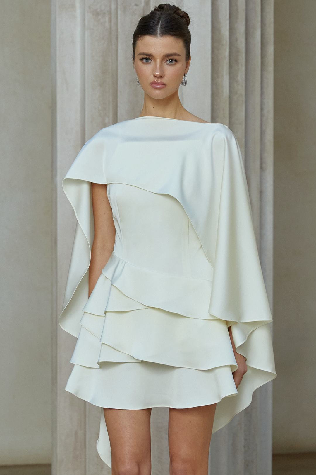 Lyna White Satin Ruffled Mini Dress with Shawl Panel Detail - Celestia Couture