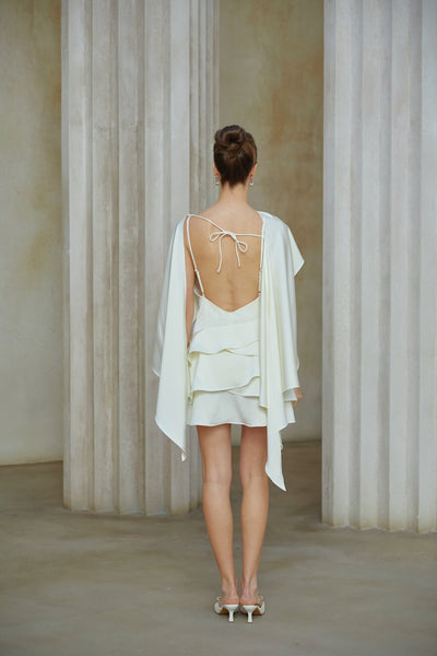 Lyna White Satin Ruffled Mini Dress with Shawl Panel Detail