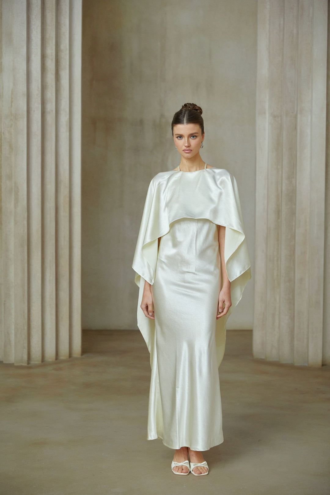 Rosalie white shawl-panel satin maxi dress - Celestia Couture