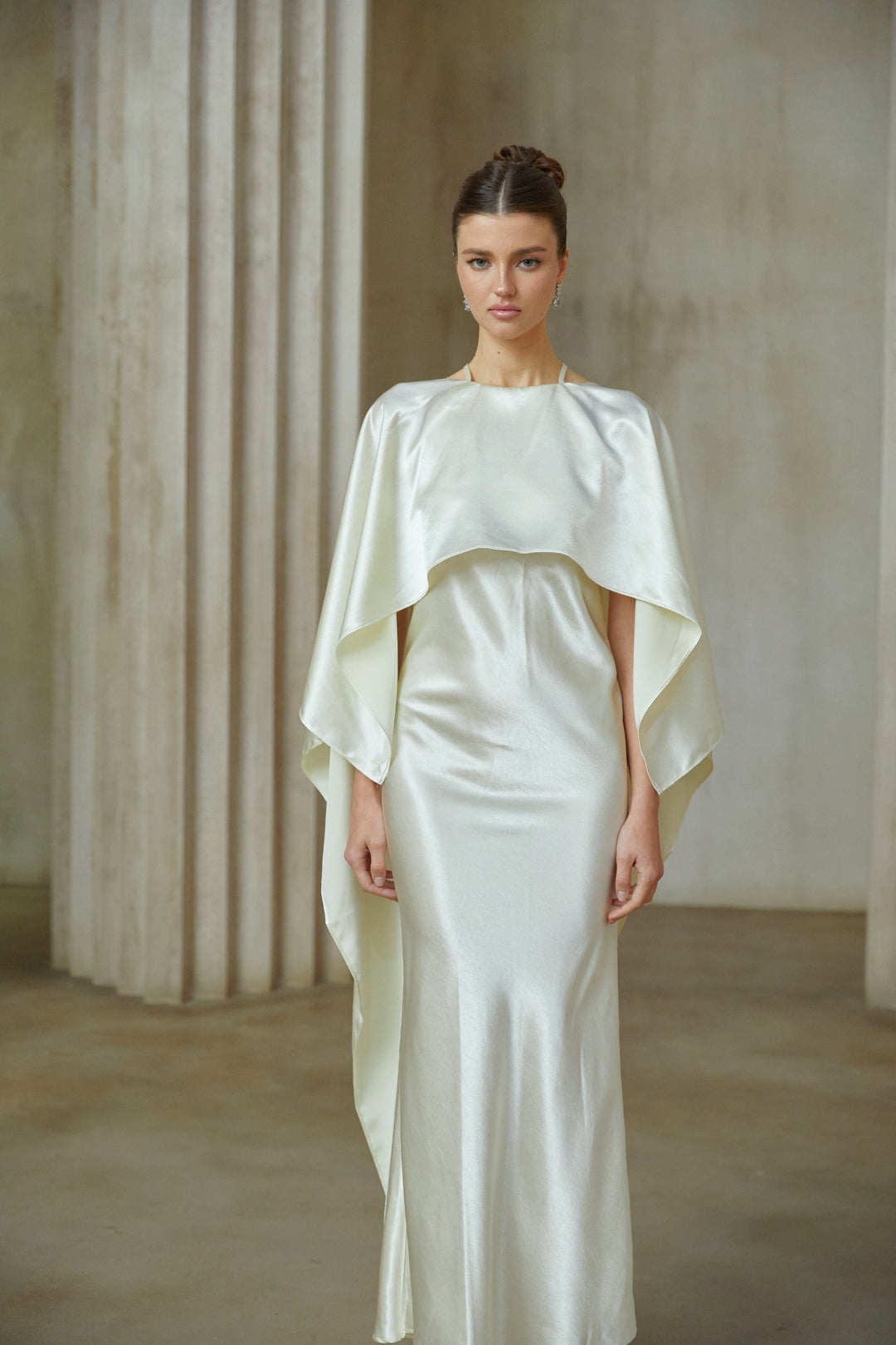 Rosalie white shawl-panel satin maxi dress - Celestia Couture