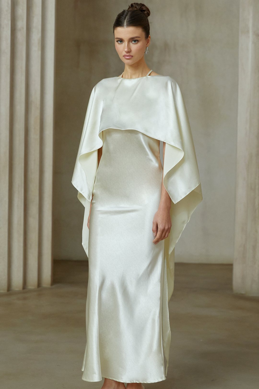 Rosalie white shawl-panel satin maxi dress - Celestia Couture