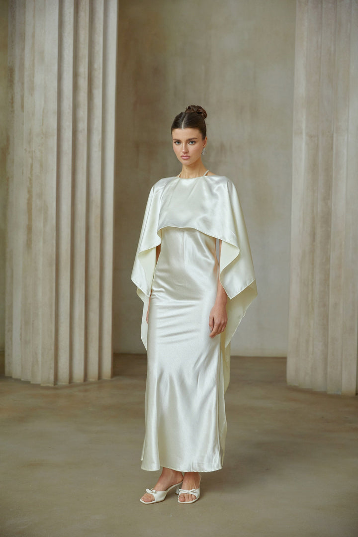 Rosalie white shawl-panel satin maxi dress - Celestia Couture