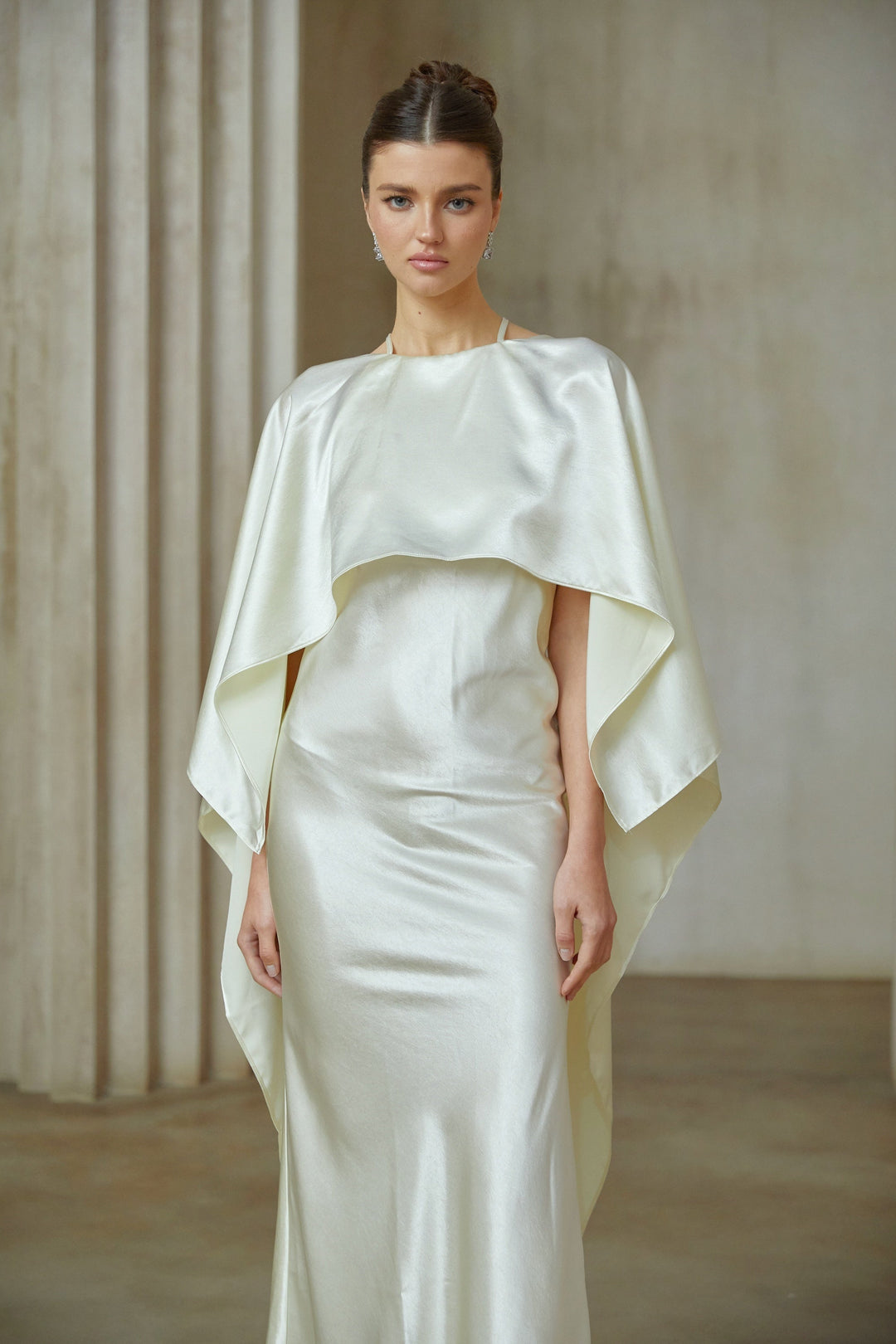 Rosalie white shawl-panel satin maxi dress - Celestia Couture