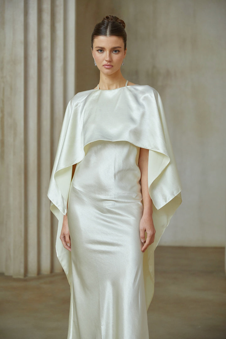 Rosalie white shawl-panel satin maxi dress - Celestia Couture