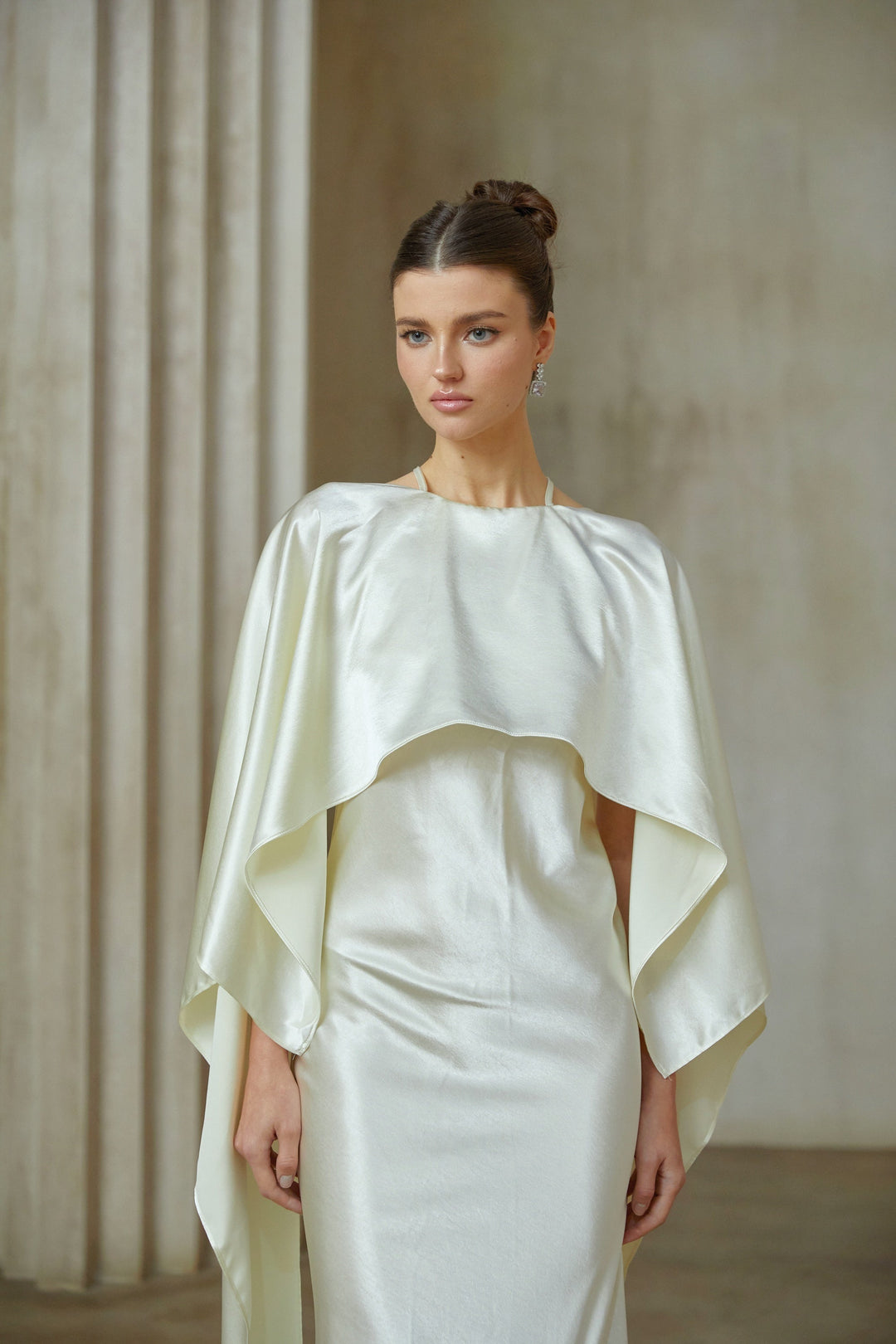 Rosalie white shawl-panel satin maxi dress - Celestia Couture