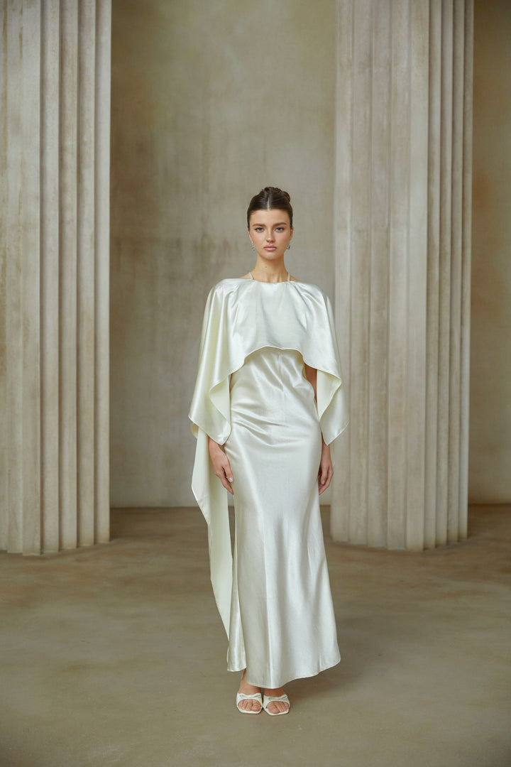 Rosalie white shawl-panel satin maxi dress - Celestia Couture