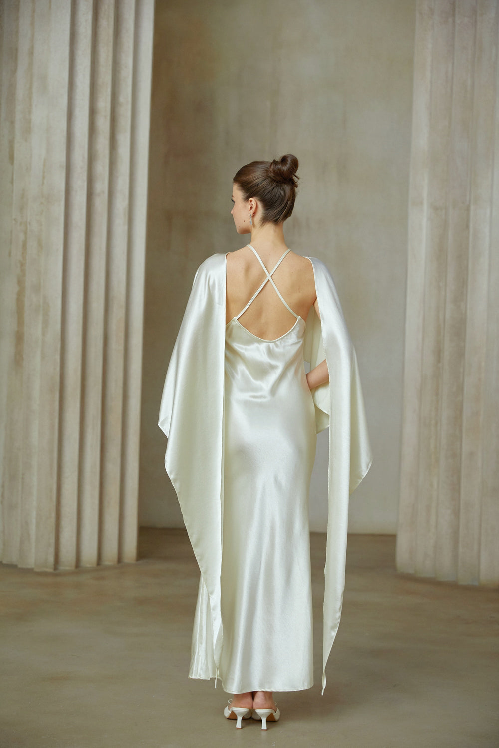Rosalie white shawl-panel satin maxi dress - Celestia Couture