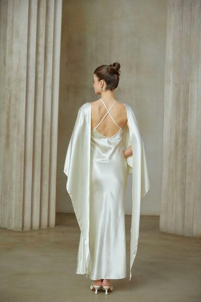 Rosalie white shawl-panel satin maxi dress