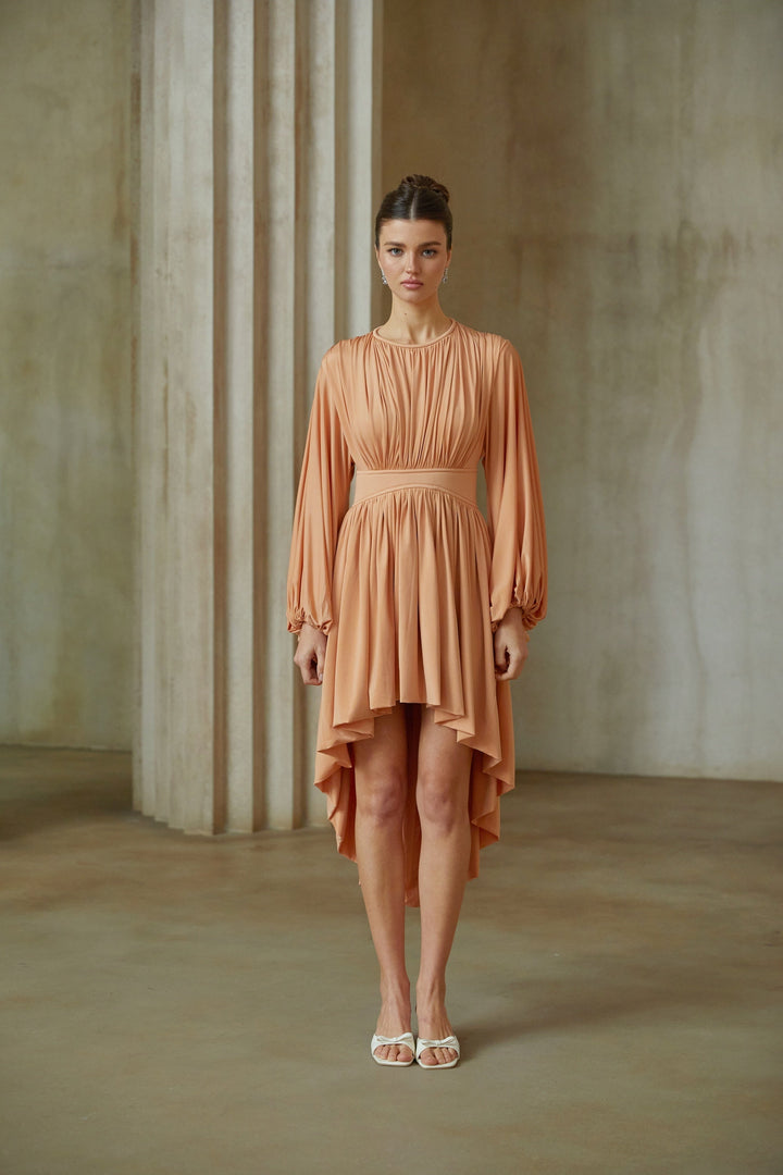 Kenza Pink Asymmetrical Pleated Midi Dress - Celestia Couture