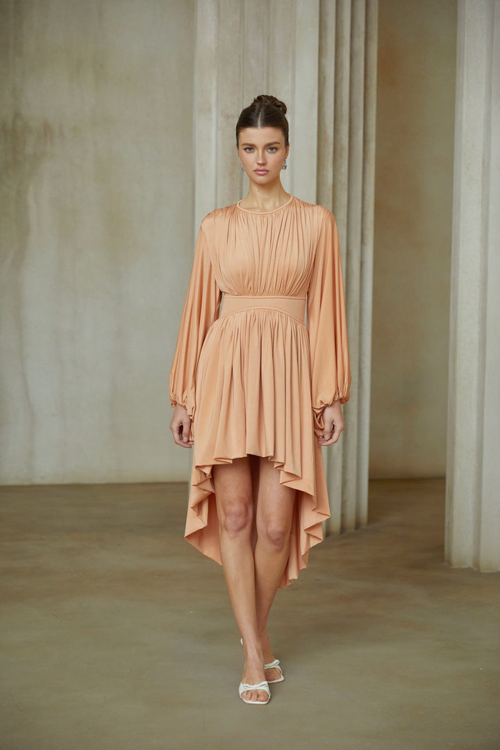 Kenza Pink Asymmetrical Pleated Midi Dress - Celestia Couture