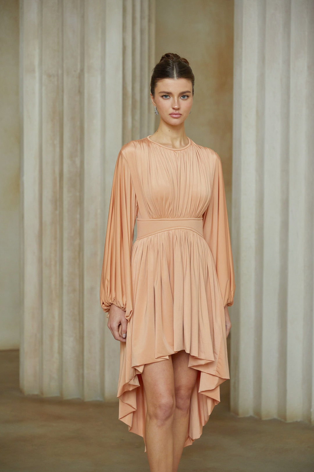 Kenza Pink Asymmetrical Pleated Midi Dress - Celestia Couture