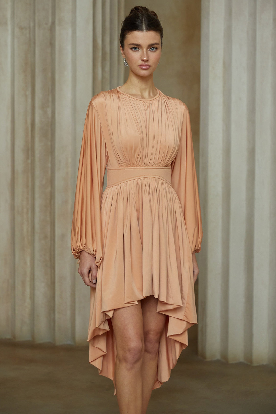 Kenza Pink Asymmetrical Pleated Midi Dress - Celestia Couture