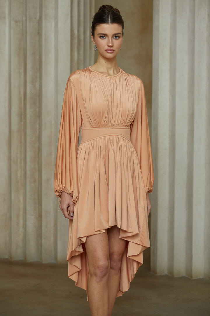 Kenza Pink Asymmetrical Pleated Midi Dress - Celestia Couture