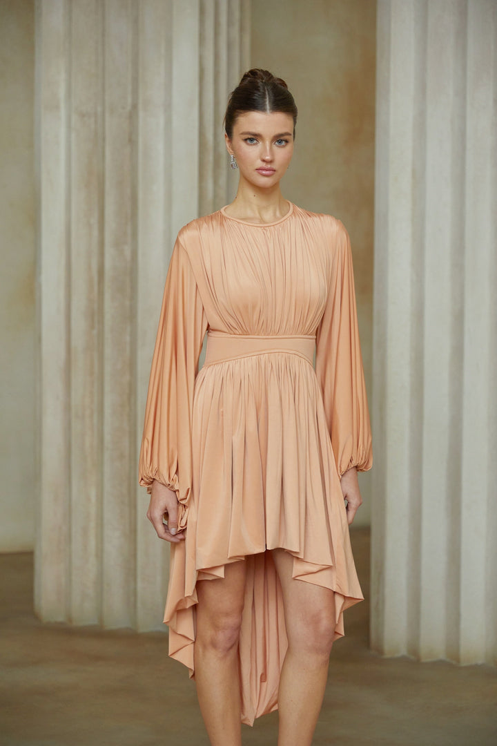 Kenza Pink Asymmetrical Pleated Midi Dress - Celestia Couture