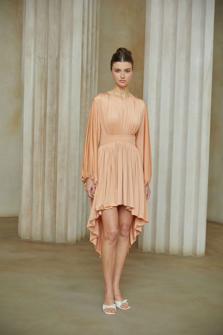 Kenza Pink Asymmetrical Pleated Midi Dress - Celestia Couture