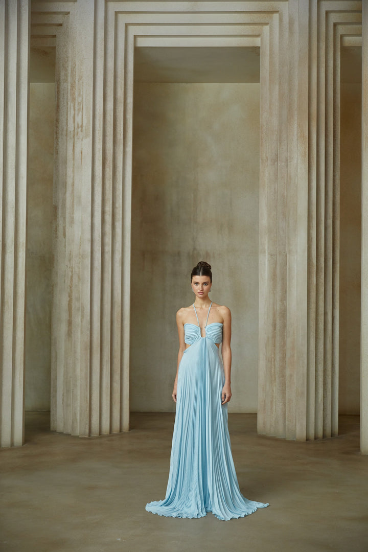 Andréa Blue Pleated Maxi Dress with Cutout Detail - Celestia Couture