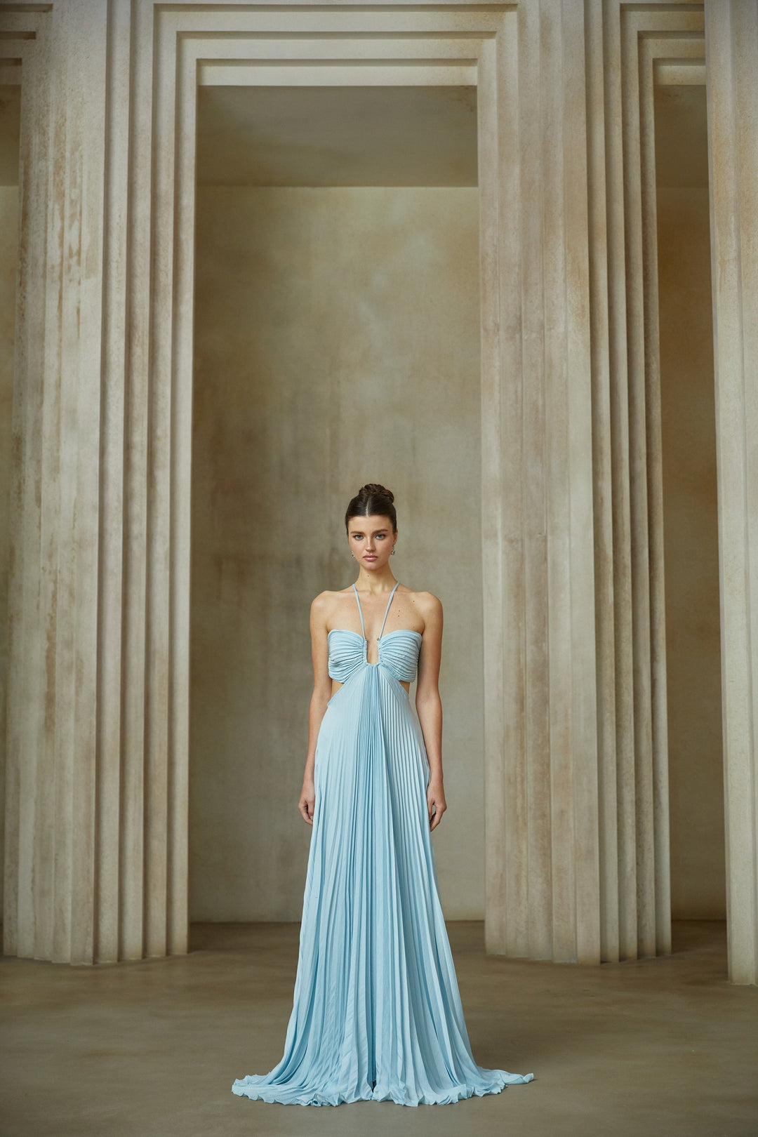 Andréa Blue Pleated Maxi Dress with Cutout Detail - Celestia Couture