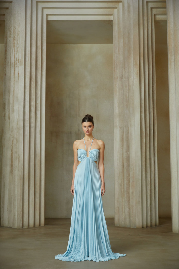Andréa Blue Pleated Maxi Dress with Cutout Detail - Celestia Couture
