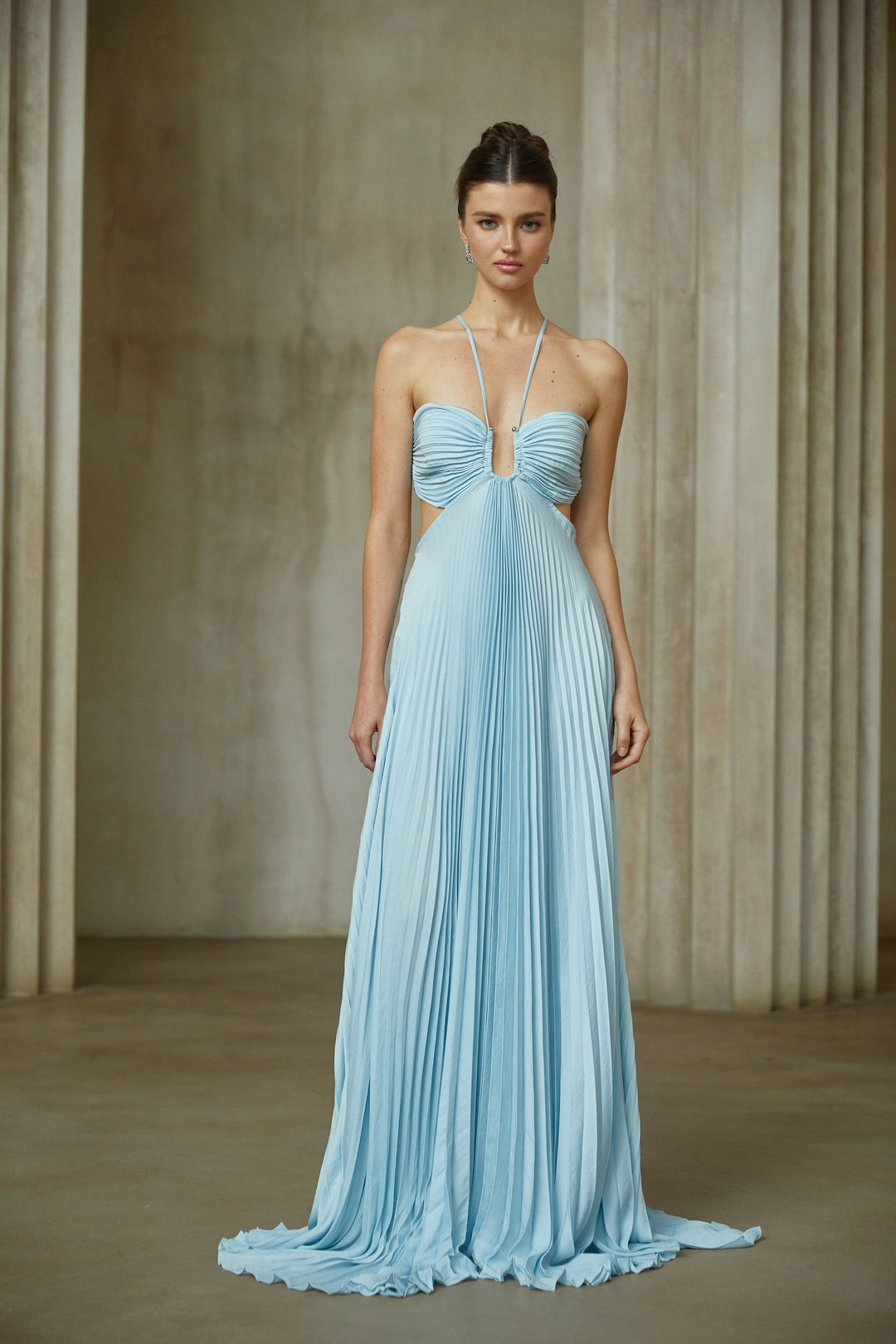 Andréa Blue Pleated Maxi Dress with Cutout Detail - Celestia Couture