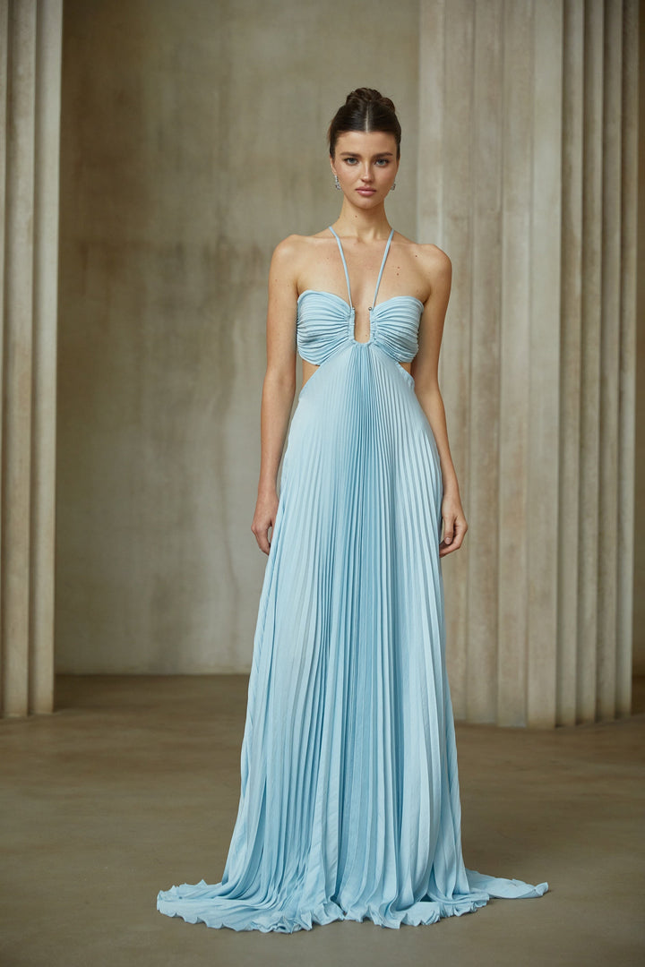 Andréa Blue Pleated Maxi Dress with Cutout Detail - Celestia Couture