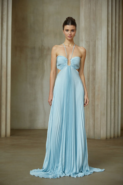 Andréa Blue Pleated Maxi Dress with Cutout Detail