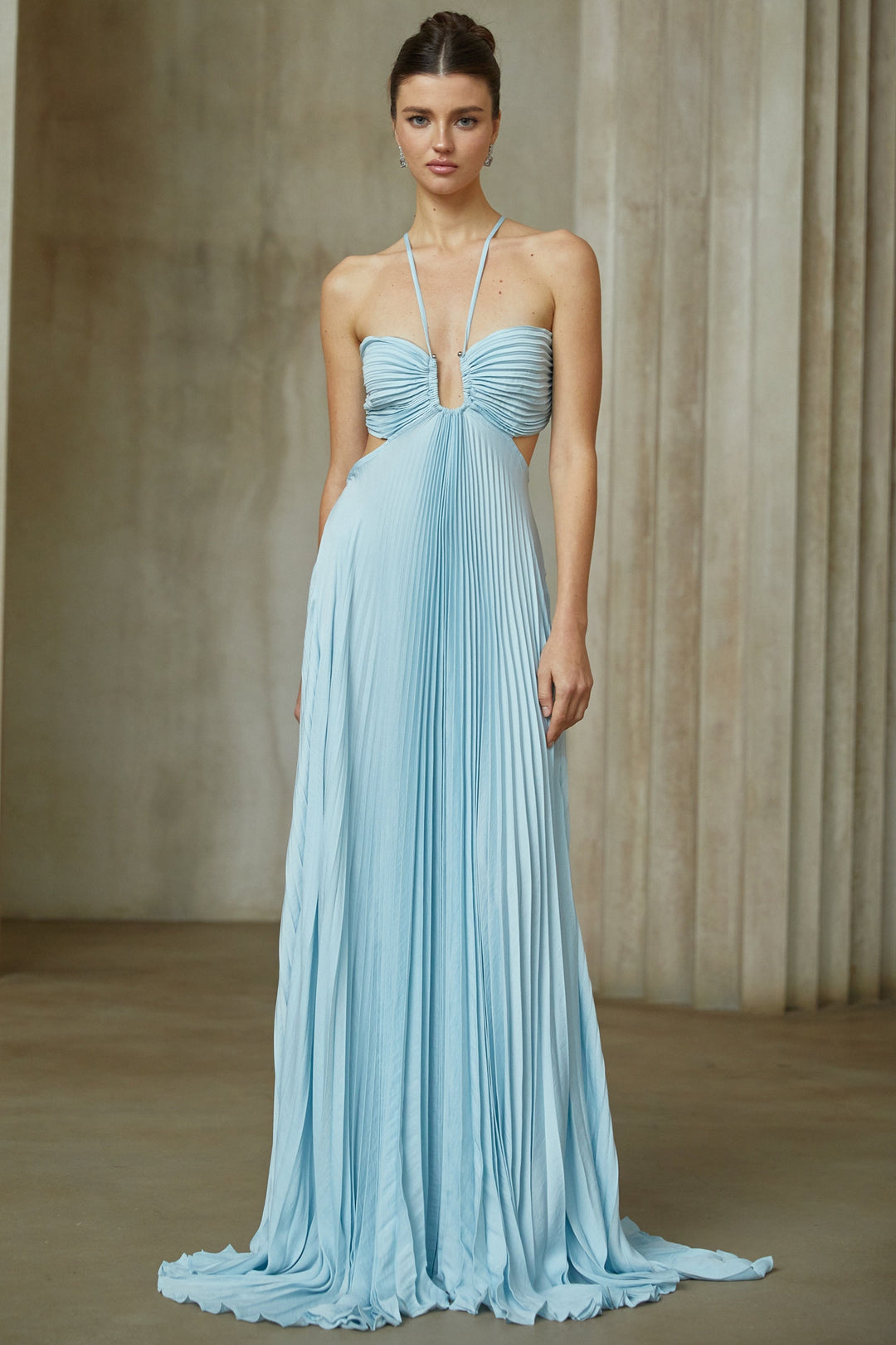 Andréa Blue Pleated Maxi Dress with Cutout Detail - Celestia Couture