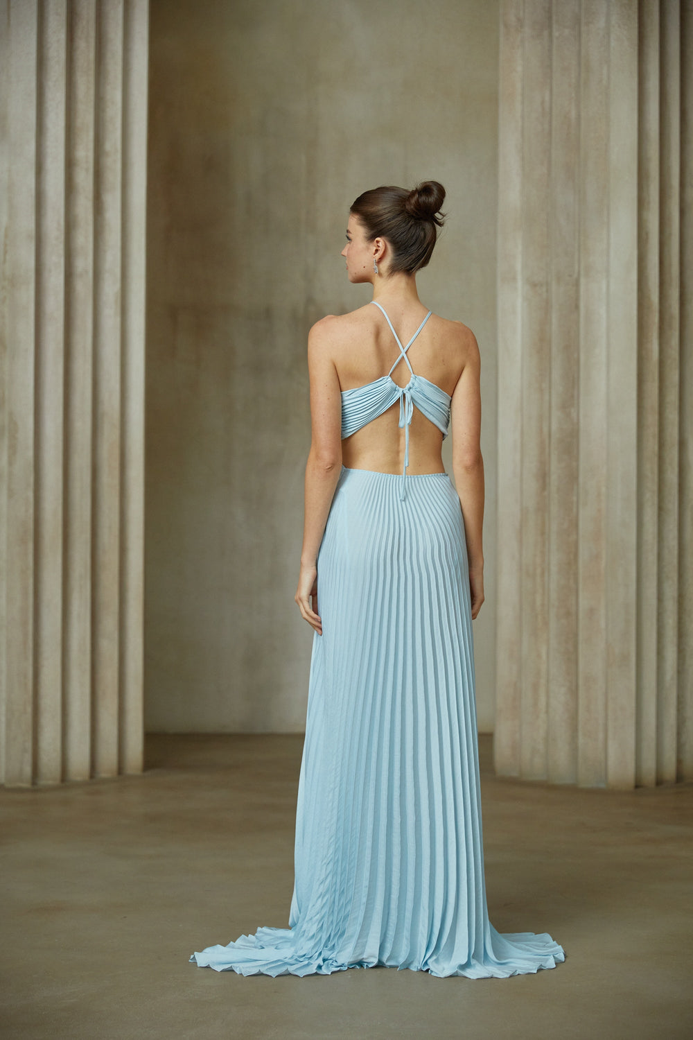 Andréa Blue Pleated Maxi Dress with Cutout Detail - Celestia Couture