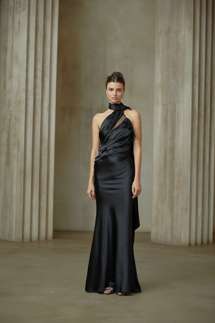 Maureen black ribbon-design satin maxi dress - Celestia Couture