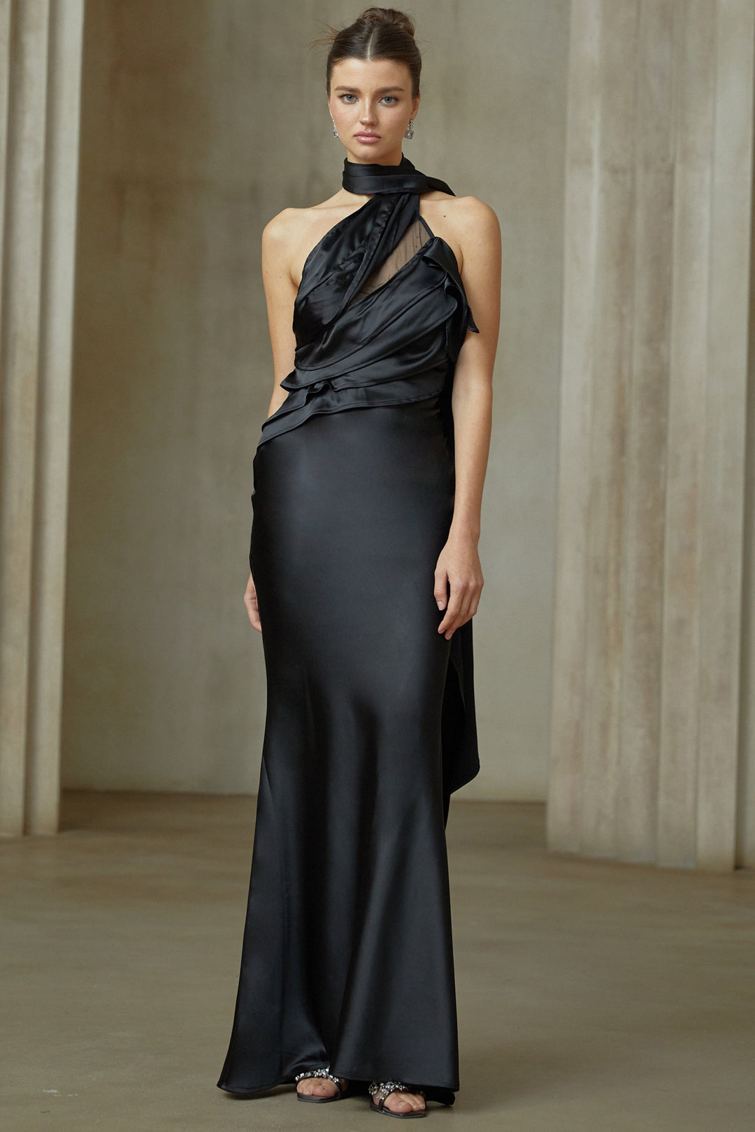Maureen black ribbon-design satin maxi dress - Celestia Couture